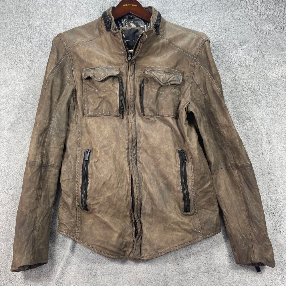 Mauritius Leather Jacket Women Medium Brown Distressed Moto Biker Zip Pocket